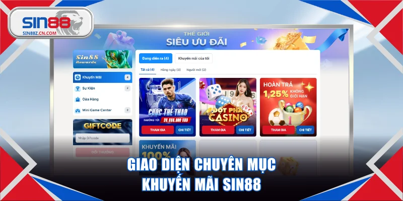 Giao diện chuyên mục khuyến mãi SIN88